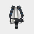 Metal backplate with black straps on a light gray background